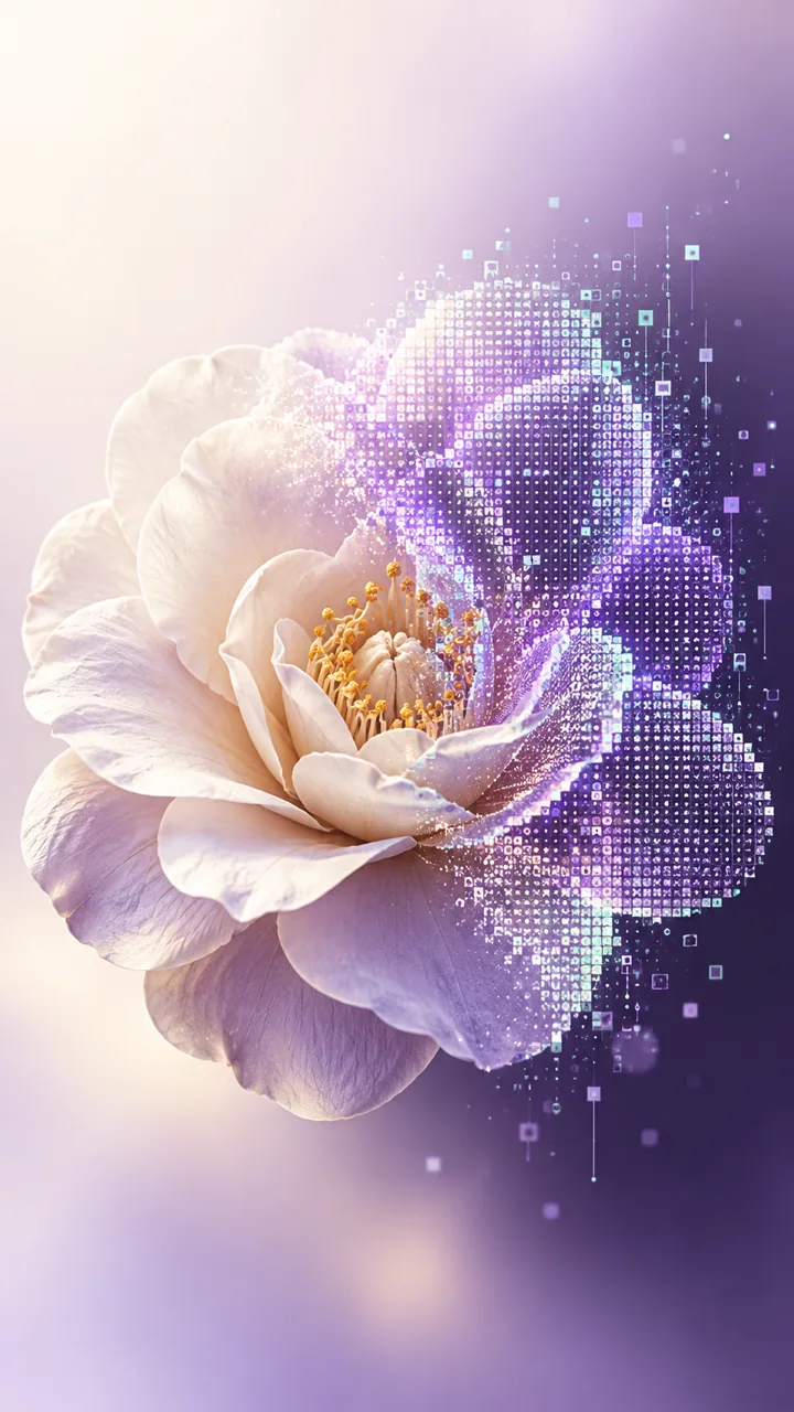 Camelia con pétalos orgánicos y detalles digitales