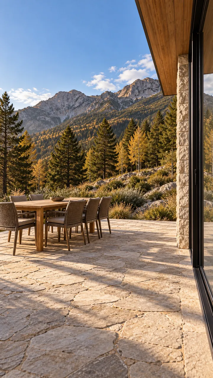 Terraza generada de piedra con mesa de madera y vistas a las montañas
